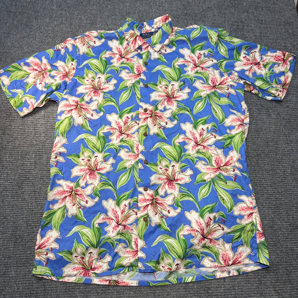 Polo Ralph Lauren Mens 2XLT Blue Floral Lily Short Sleeve Button Up Shirt Cotton